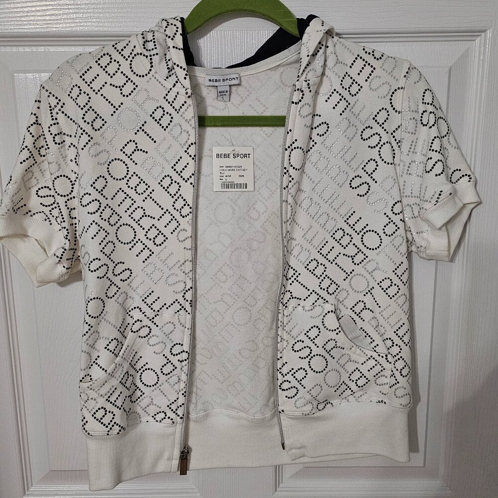 Bebe Sport Short Sleeve Hoodie White Rhinestone Embellished Logo Top XL